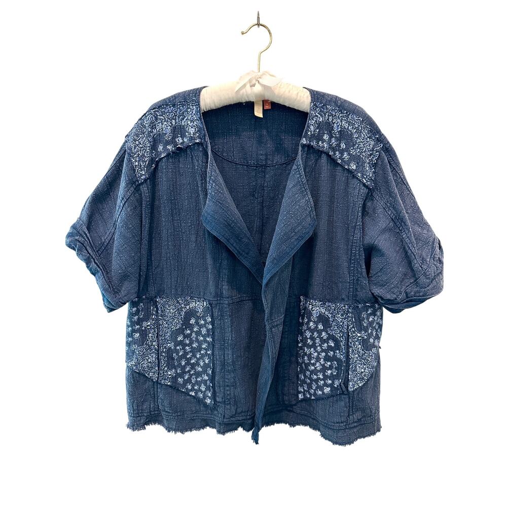 ANTHROPOLOGIE Pilcro Blue Patchwork Kimono Jacket Boho Open Front Top | Medium